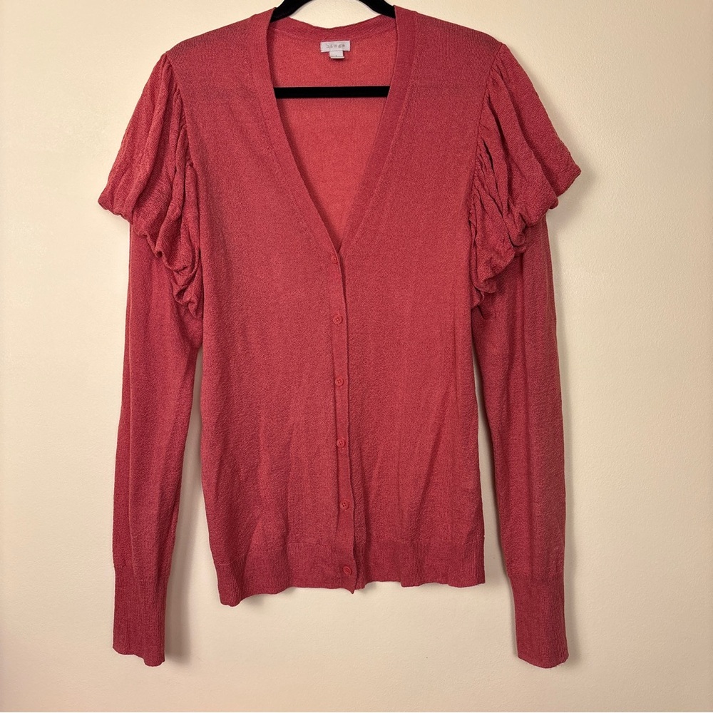 Hinge Ruffle Sleeve Cardigan‎ in Coral